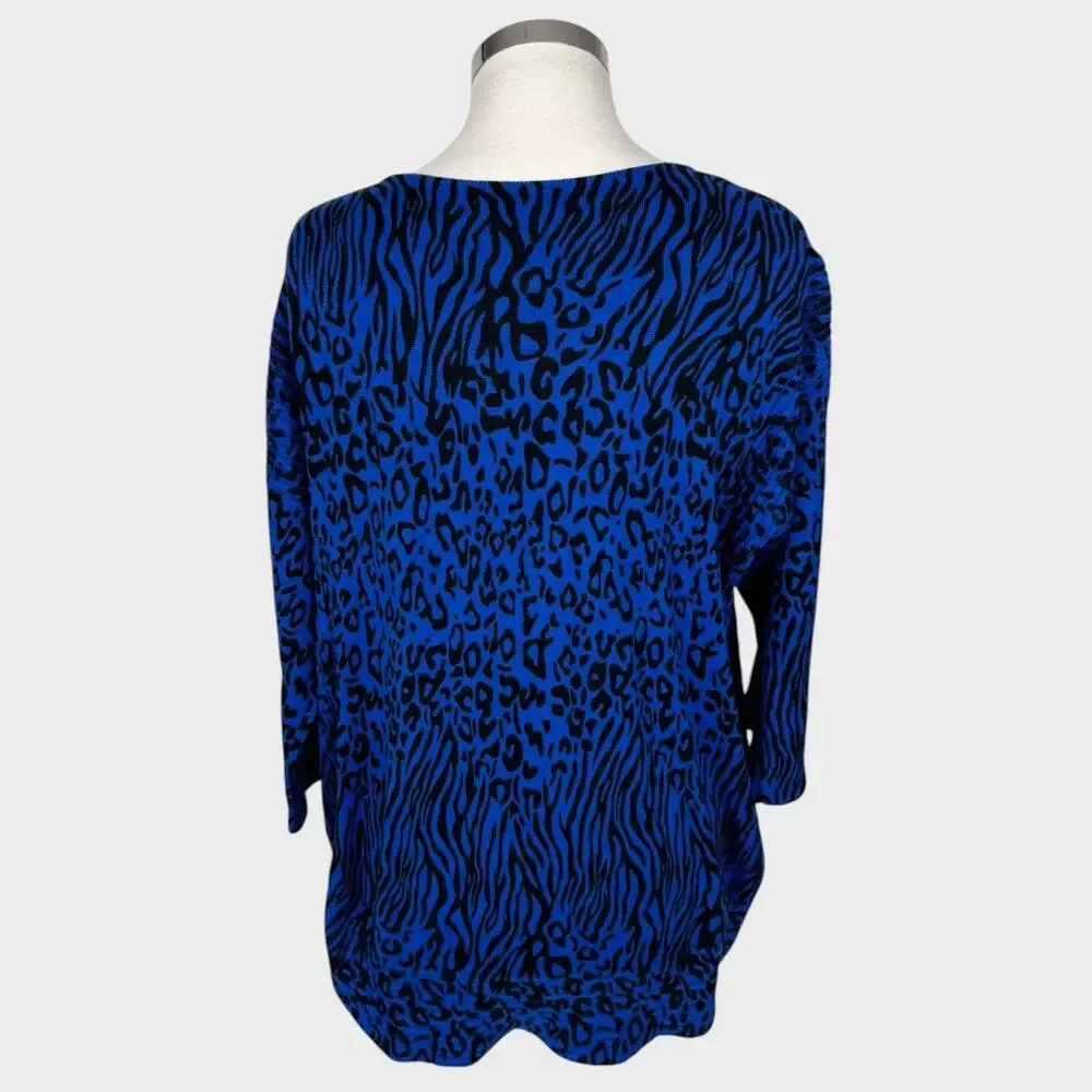 Dana Buchman XL Blue Black Leopard Print 3/4 Sleeve V Neck Acrylic Sweater